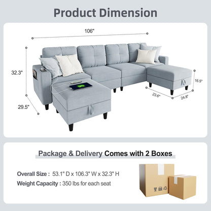 Lvifur LED Sectional Couches for Living Room, Modern Modular Sectional Sofa with Charging Station, U-Shaped 4 Seat Sofa Set with Chaise and Storage Ottomans (Light Grey)