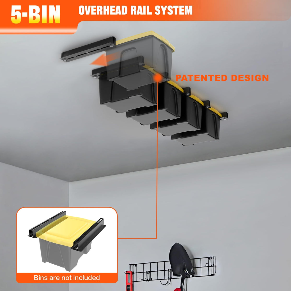 TORACK Garage Ceiling Bin Storage Rack, Adjustable Heavy Duty Overhead Tote Storage Rail System(for 5 Bins, Bins are not included) TORACK