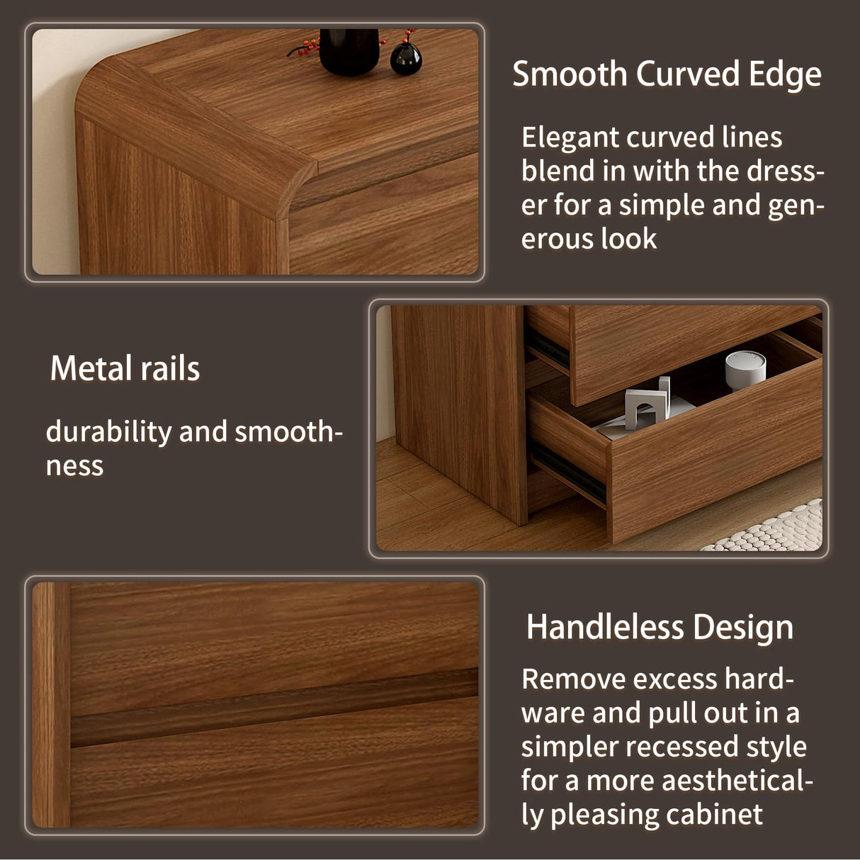 Modern 6 Drawer Dresser, 47-Inch Wood Chest of Drawers, Curved Anti-Collision Design, Mid-Century Storage Cabinet, Pre-Embedded Slots, Natural Texture, for Bedroom, Living Room, TV Stand, Nursery Messenya