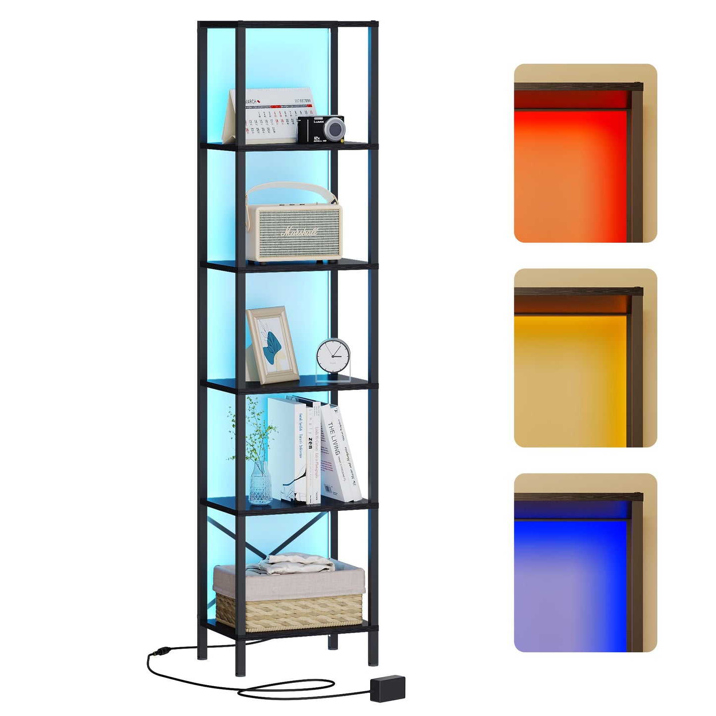 JARHETUN 6-Tier LED Bookshelf - Tall Narrow Bookcase with Steel Frame in Black - WoodArtSupply