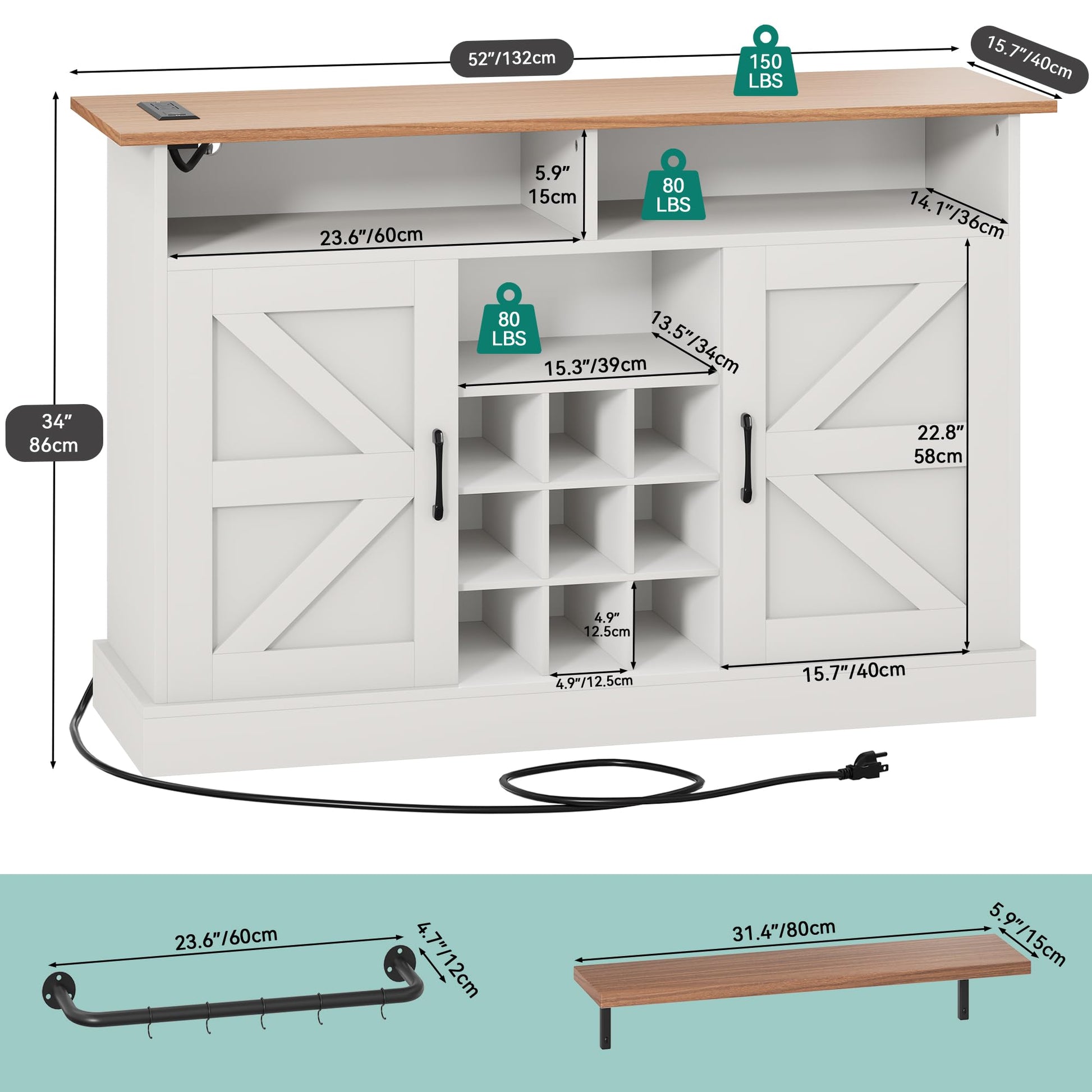 YITAHOME Farmhouse Buffet Cabinet with Storage, 52'' Sideboard with 2 Floating Shelves, Power Outlet, Adjustable Storage Shelves, Coffee Bar Wine Cabinet for Kitchen, White - WoodArtSupply