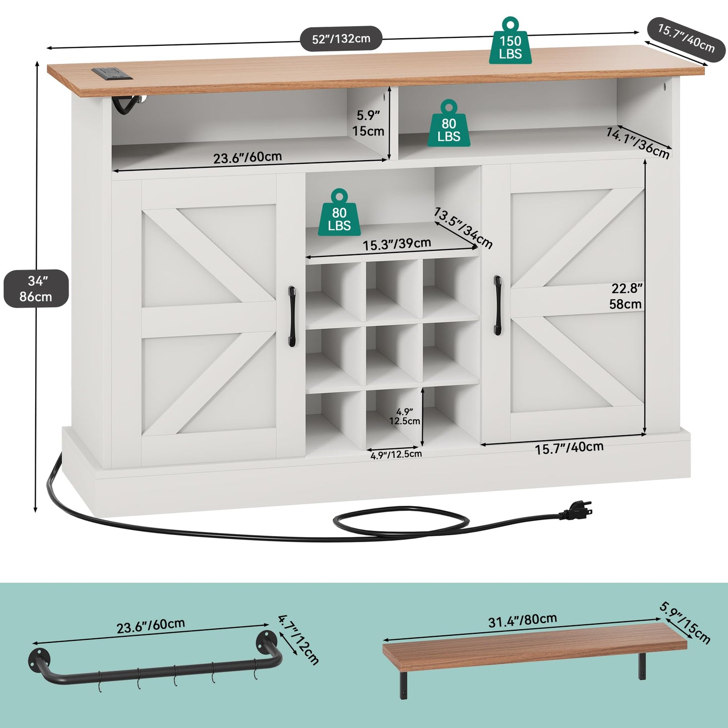 YITAHOME 52" Farmhouse Sideboard Buffet Cabinet with Barn Doors, Coffee Bar Cabinet with Floating Shelves & Power Outlet, Bar Cabinet with Storage for Kitchen, Living Room (White)