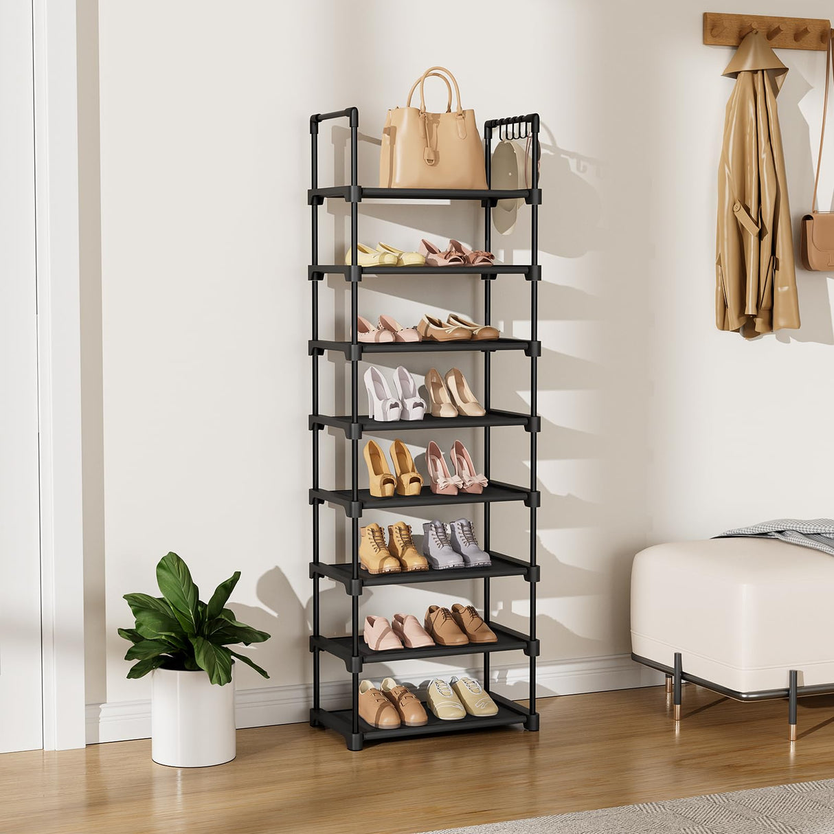 LANTEFUL Tall Shoe Rack 8 Tiers, 16-20 Pairs Shoe and Boots Organizer Storage Sturdy Shoe Shelf, Narrow Vertical Shoe Rack for Entryway, Closet, Metal Shoe Organizer with 5 Hooks LANTEFUL