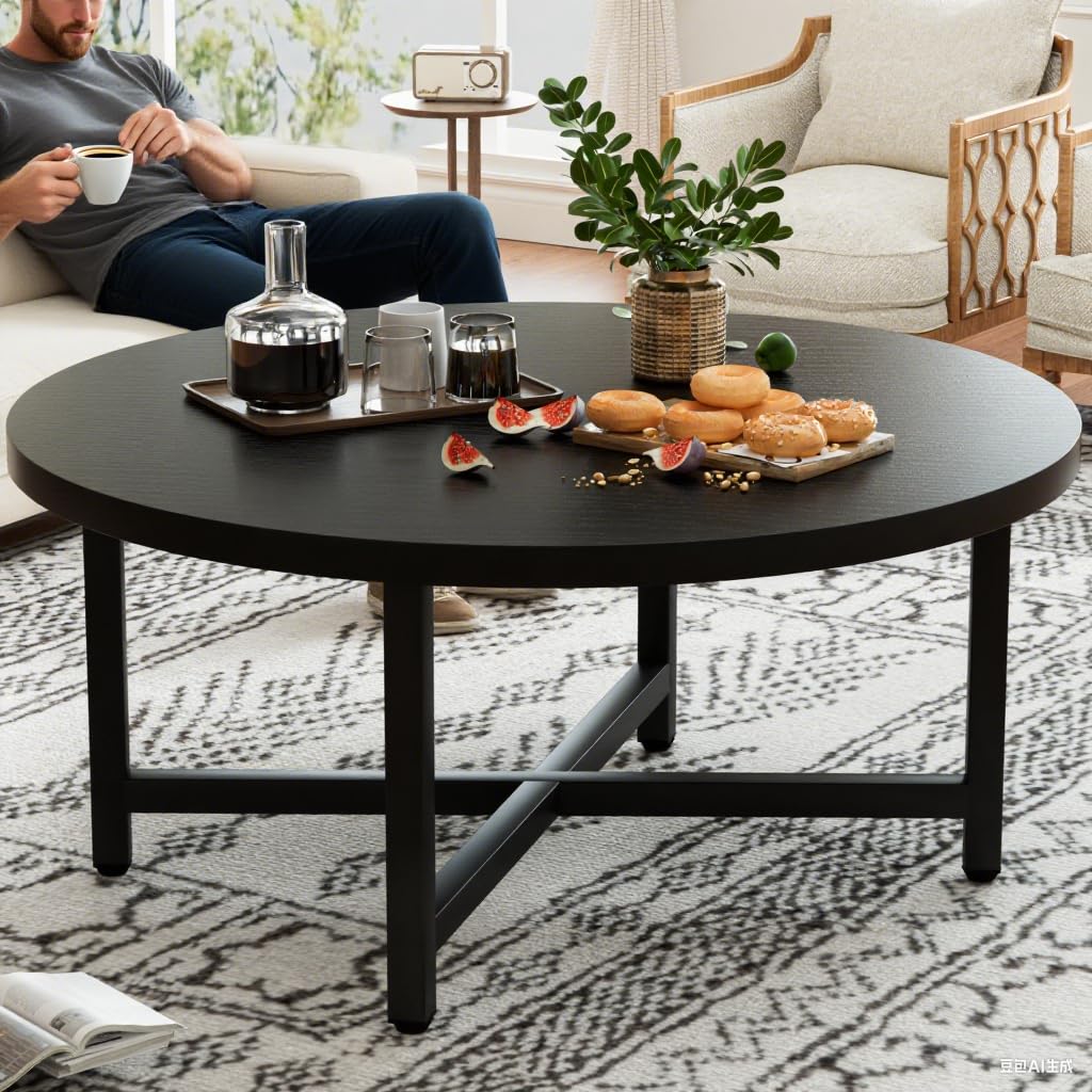 FURMORENE Coffee Table, 31.5" Large Coffee Tables, Black Round Coffee Tables for Living Room, Floor Table for Sitting on The Floor, Center Coffee Table with Metal Frame for Office Apartment Home FURMORENE
