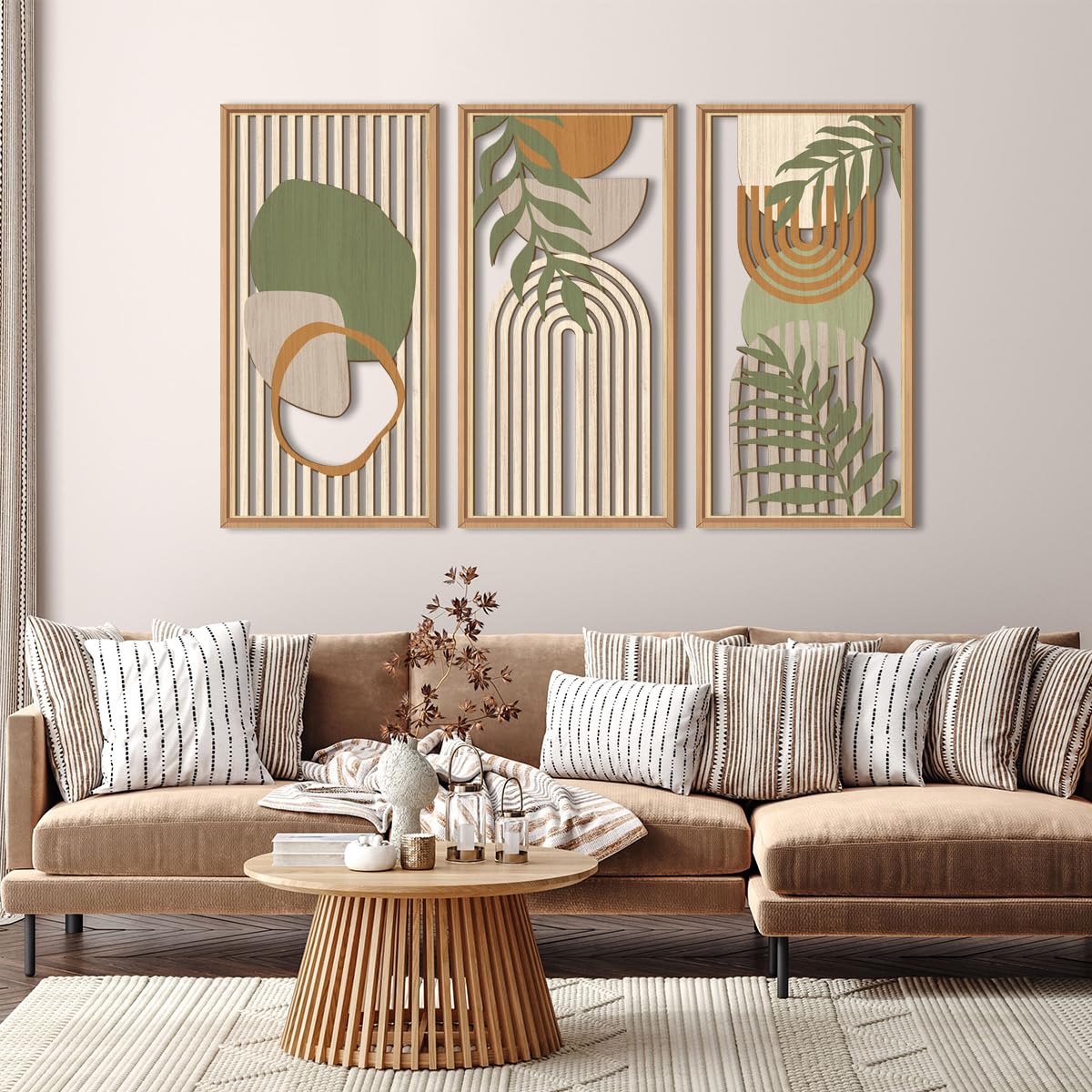 IARTTOP Large Abstract Geometric Wood Wall Art Framed Boho Wall Art Set Of 3 Mid Century Modern Wall Art Neutral Wall Decor For Bedroom Living Room Office-16 x32 IARTTOP