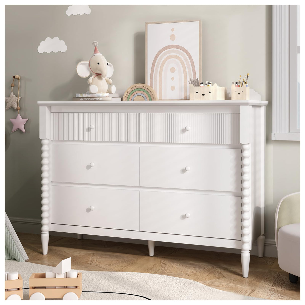 JOINICE 6 Drawer Dresser, Kids Dresser with Storage, Wide Chest of Drawers for Nursery, Wood Large Drawer Organizer Cabinet for Bedroom, Living Room, White JOINICE