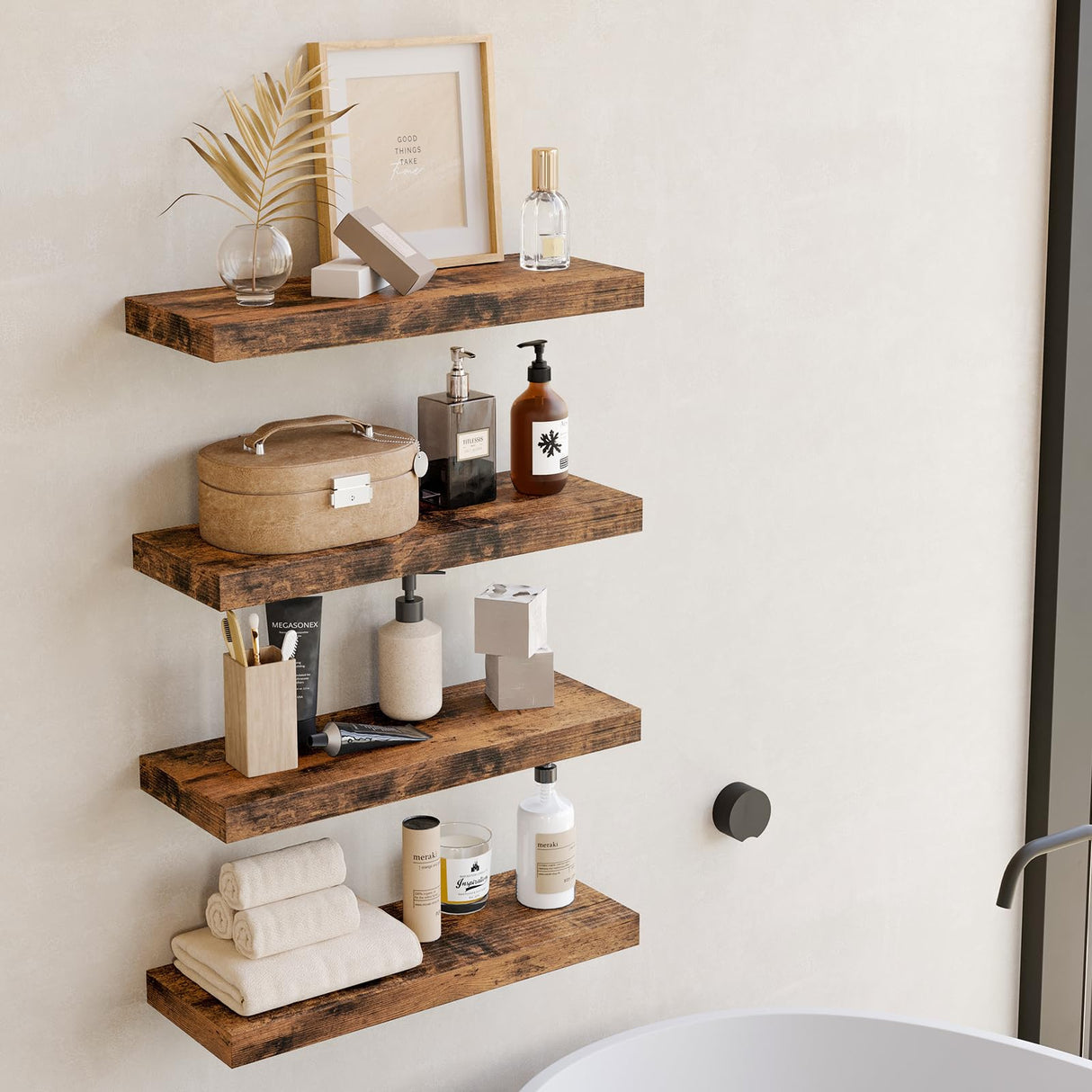 Fixwal 15.8in Floating Shelves, Rustic Wood Finish Wall Shelves Set of 4, Shelves for Wall Decor, with Invisible Brackets for Bathroom, Living Room,Bedroom and Kitchen(Rustic Brown) Fixwal