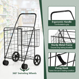 Goplus Jumbo Folding Shopping Cart with Rolling Swivel Wheels, Foldable Grocery Cart on Wheels with Double Basket, Heavy Duty Utility Cart, Shopping Carts for Groceries Laundry Book Luggage Travel Goplus