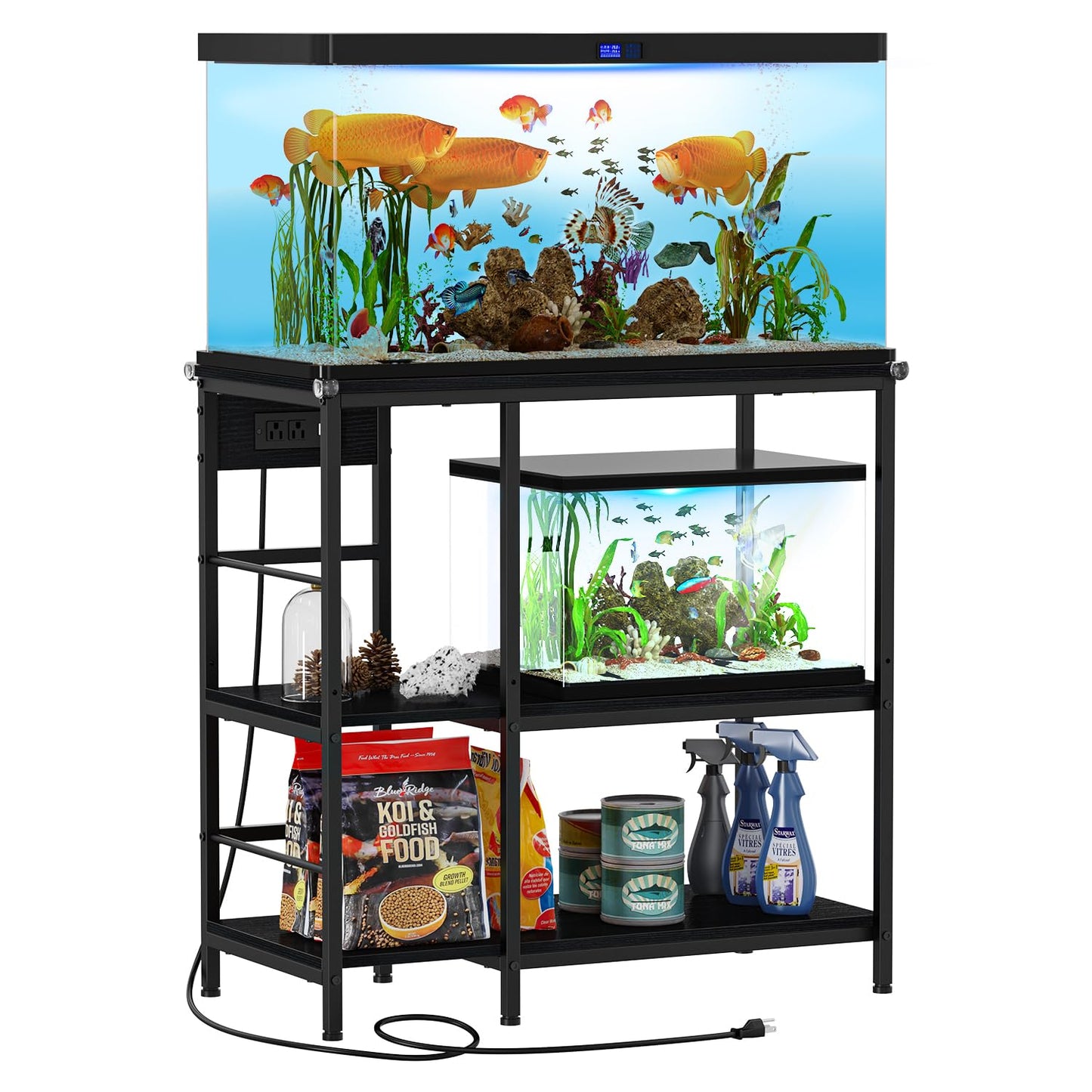 Snughome Fish Tank Stand with Charging Station, 10-29 Gallon Aquarium Stands 3-Tier, Adjustable Fish Tank Shelf for Home Heavy Duty Metal 33.07" x 16.53" x 32.67", Black - WoodArtSupply