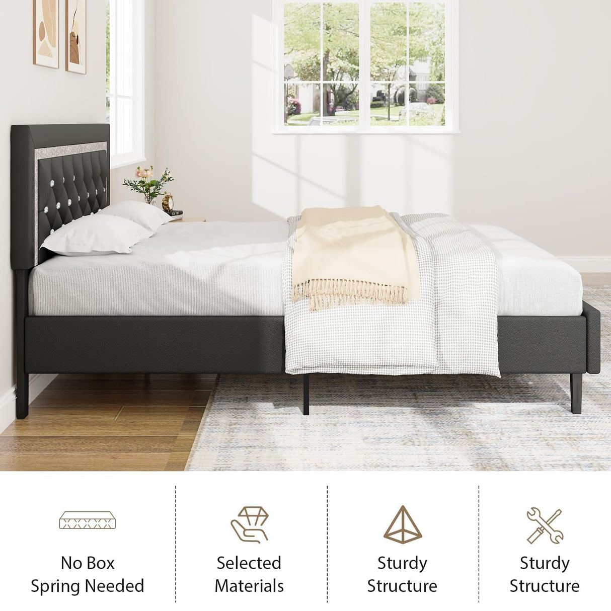 BarnFurin Queen Bed Frame with Tufted Button Headboard, Upholstered Platform Bed Frame with Diamond Design, Strong Wood Slat Support, No Box Spring Needed, Easy Assembly, Black BarnFurin