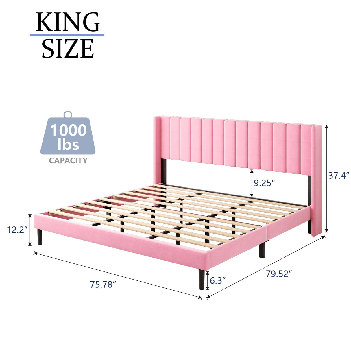 Gruwans Upholstered Bed Frame King with Wingback Headboard/No Box Spring Needed/Wooden Slat Support/Easy Assemble/Pink Gruwans