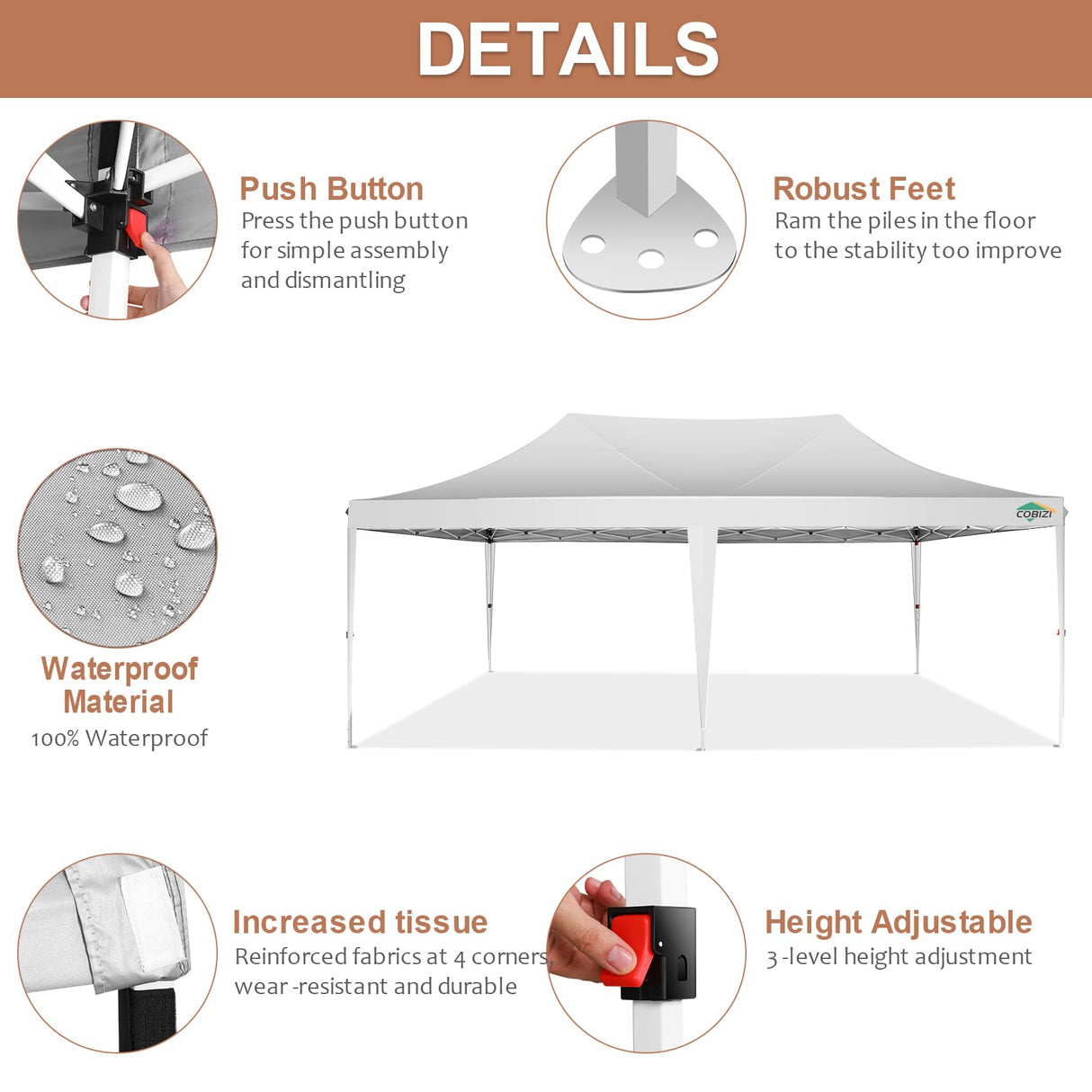 COBIZI 10x20 Pop Up Canopy with Sidewalls,Waterproof & UV50+,Tents for Parties,Outdoor Gazebo for Backyard,Suitable for Weddings, Events,and Markets,Vending White COBIZI