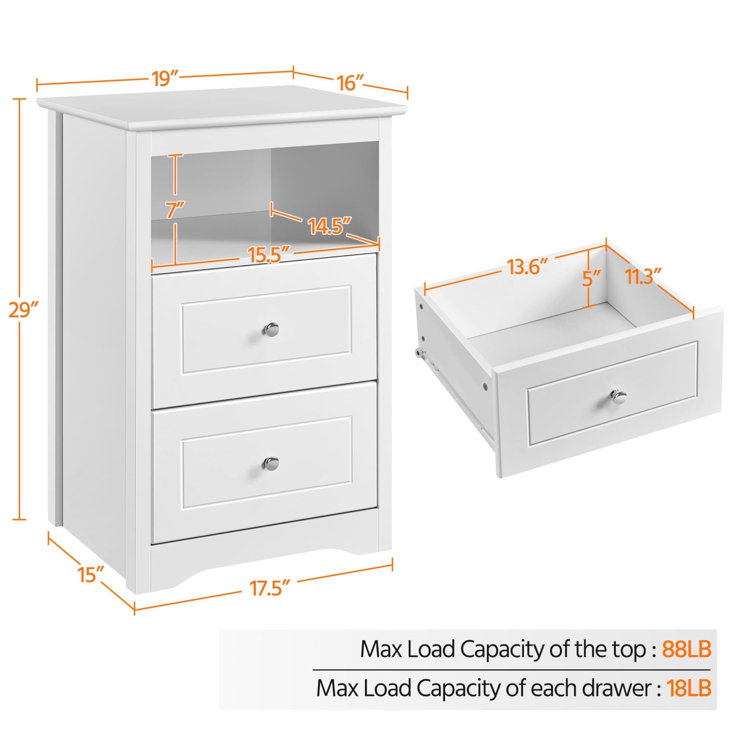 Yaheetech Bedside Table Set of 2, Tall Nightstand with 2 Drawer and Cubby, Wooden Bedside Table for Bedroom Small Space, Tall Bedside Cabinet Telephone Table, 16″ D × 19″ W × 29″ H, White