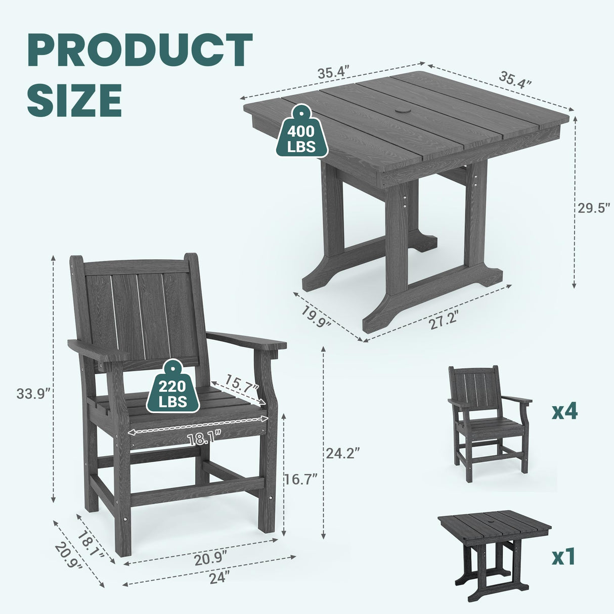 Pamapic 5 PCS Outdoor Dining Set, Spacious HDPE Outdoor Table and Chairs, Wood Grain Patio Furniture Sets with Elegant Armrest, All-Weather Patio Dining Table with Umbrella Hole, Gray Pamapic