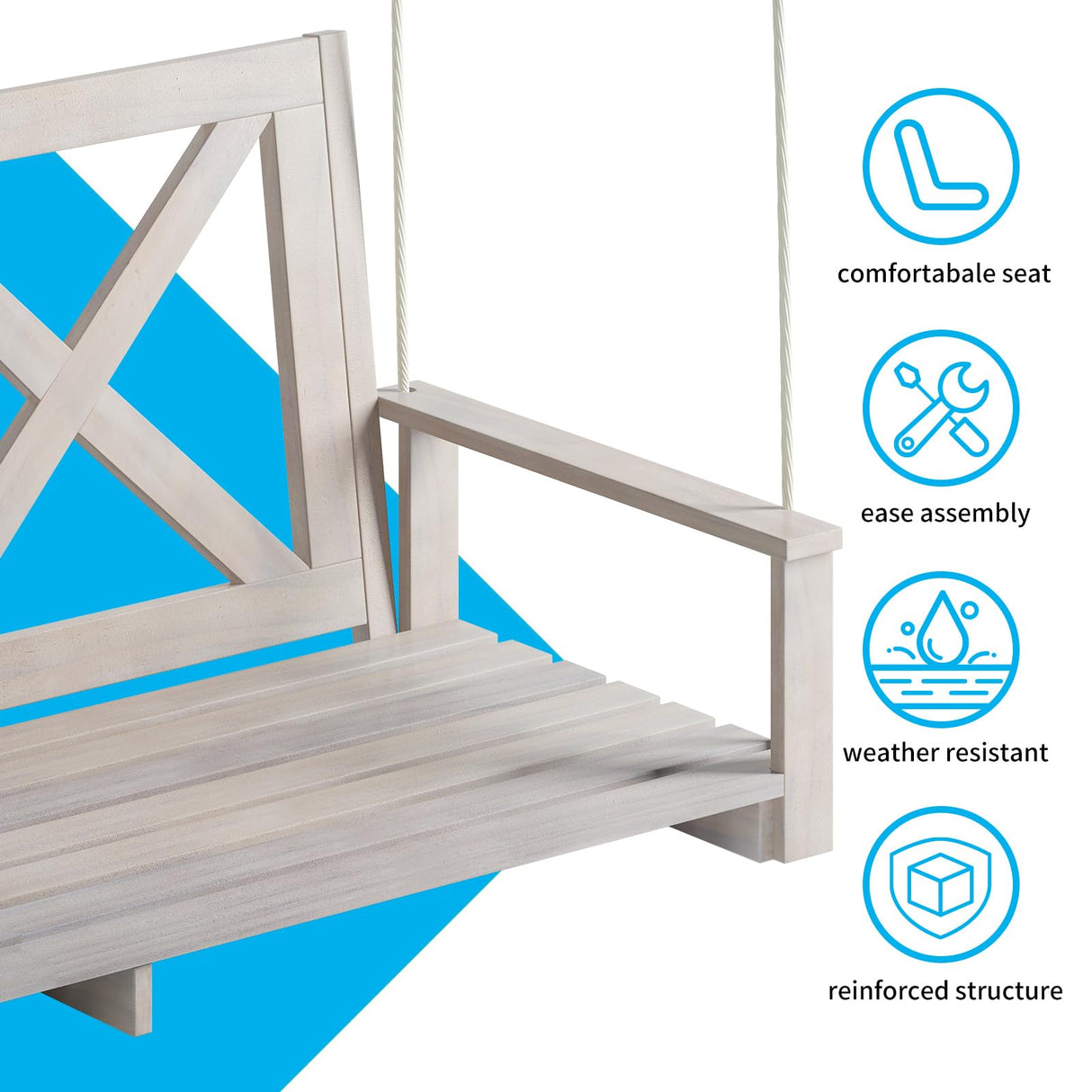 Mjkone Singe Porch Swing | Heavy Duty Out Door Porch Swing with Water Proof Layer | Wooden Proch Swing with Erosion Resist Polyster | Modern Swing Bench (Solid Wood, Double Cross) Mjkone