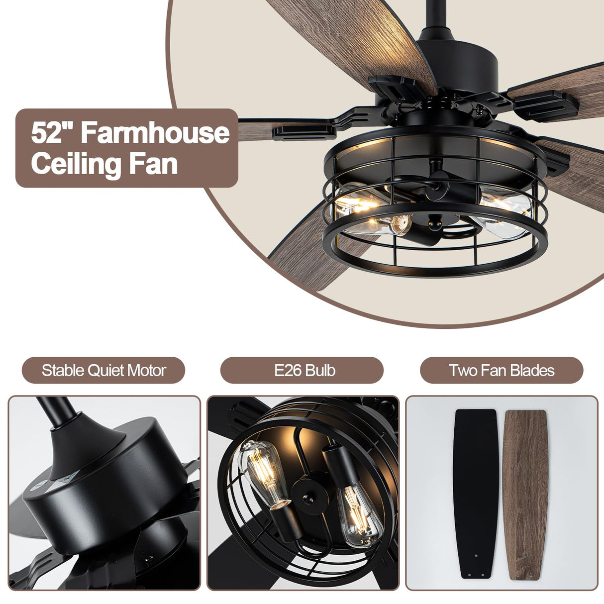 Curve Curio 52 Inch Farmhouse Ceiling Fan with Light and Remote Black Industrial Ceiling Fan Quiet and Reversible DC Motor Rustic Caged Chandelier Fan for Living Room Bedroom Patio Curve Curio