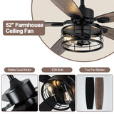 Curve Curio 52 Inch Farmhouse Ceiling Fan with Light and Remote Black Industrial Ceiling Fan Quiet and Reversible DC Motor Rustic Caged Chandelier Fan for Living Room Bedroom Patio Curve Curio