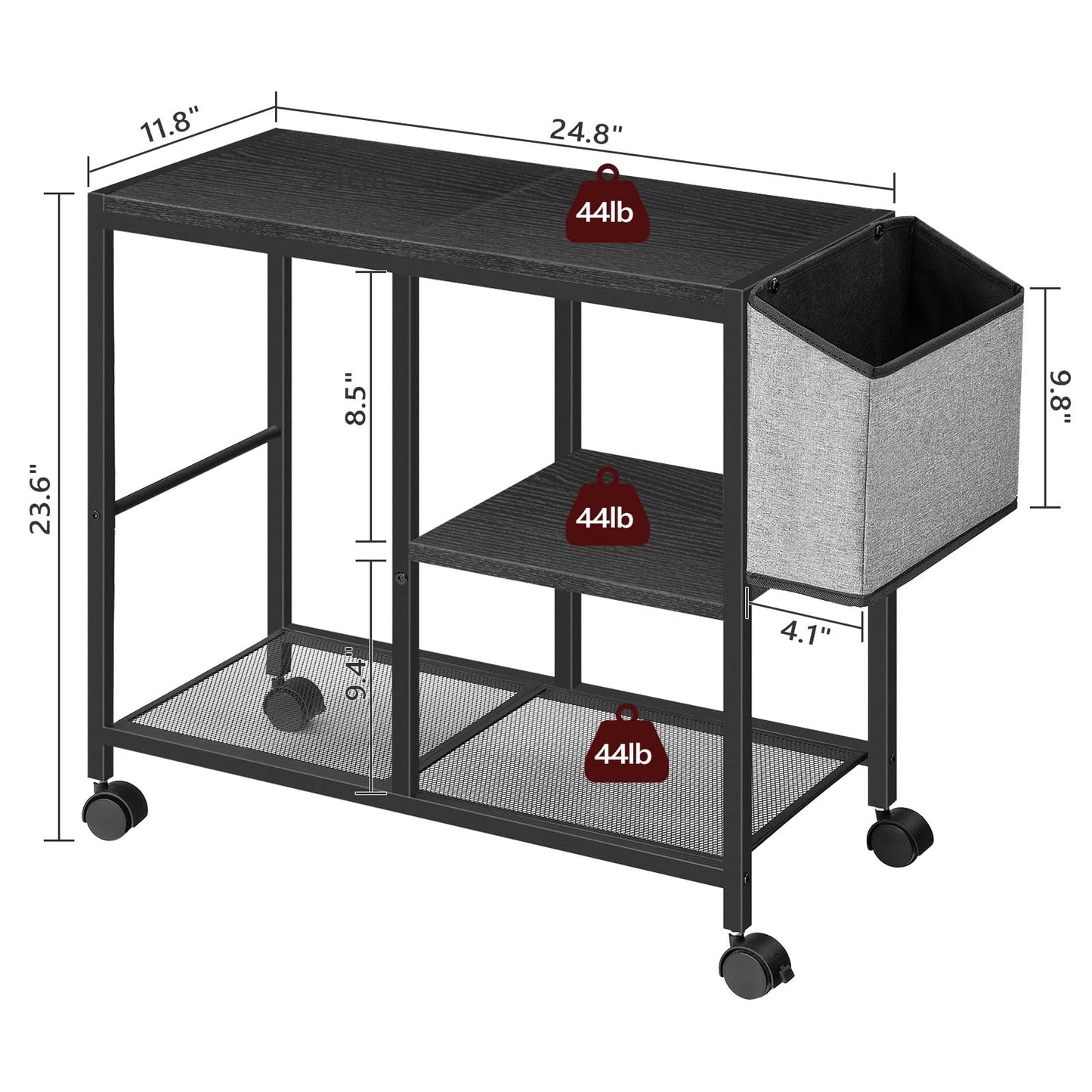 MAHANCRIS Printer Stand with Storage Bag, 3-Tier Mobile Under Desk Printer Cart with Wheels, Wooden Rolling Printer Table, Organizer Shelf for Study, Office, Living Room, Black PTHB2201