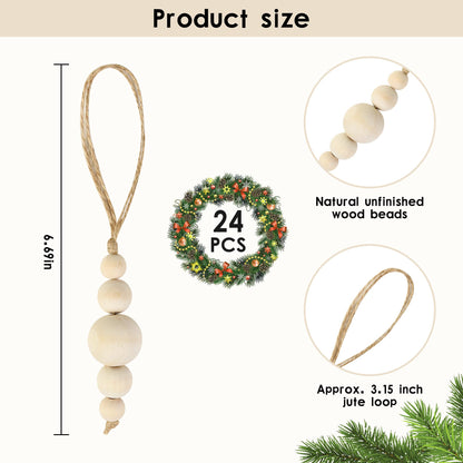 24 Pcs Christmas Tree Ornaments Wood Bead Hanging Decorations Farmhouse Natural Bead Garland Rustic Small Wooden Boho Holiday Minimalist for Neutral Scandi Xmas Tree Hanging Party Decor