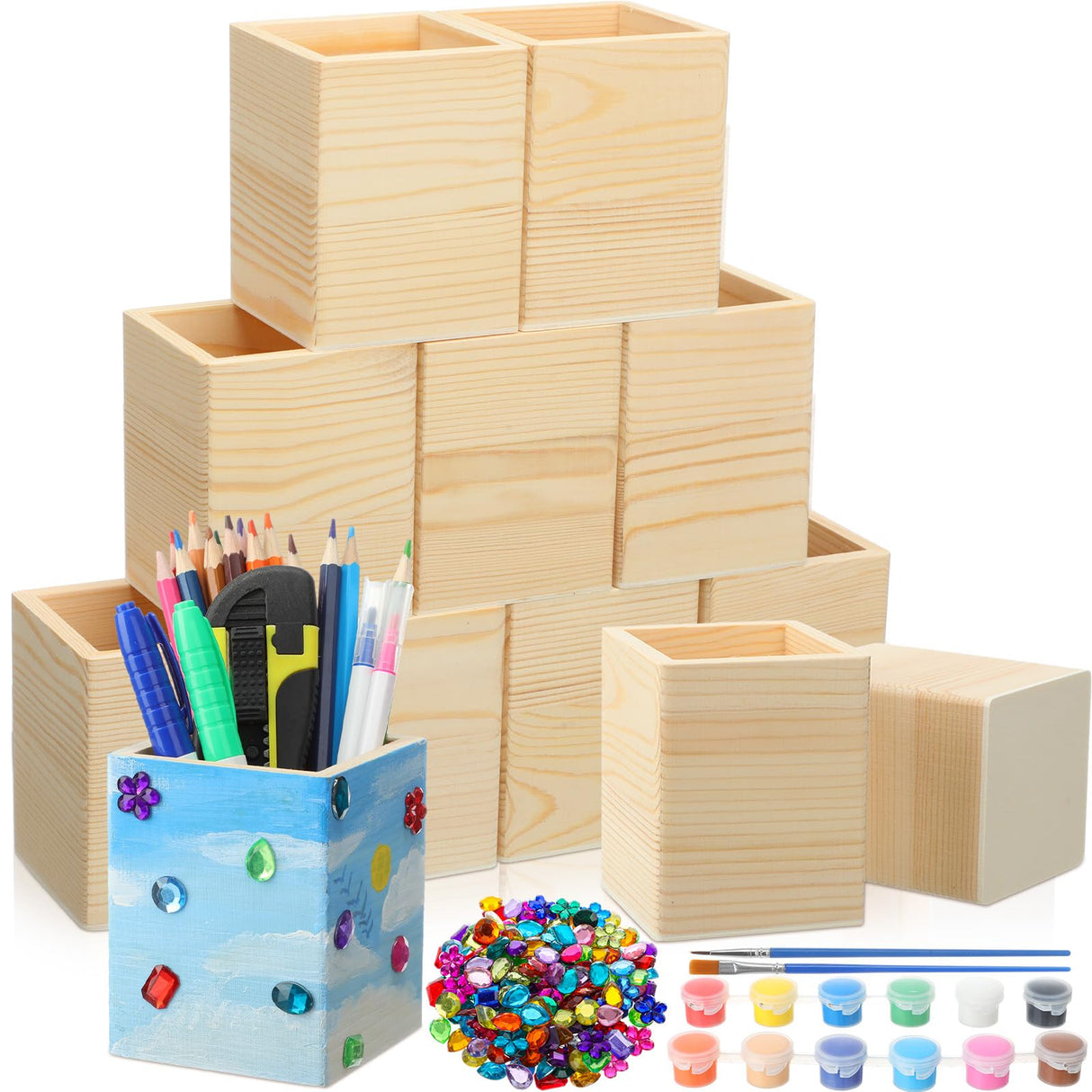 Blueweenly 12 Pcs Wood Pen Holder Unfinished Wooden Boxes, 4 Sets 12 Color Watercolor Paints and 1 Set Acrylic Stickers for DIY Crafts Birthday Party Favor Gift Supplies Blueweenly