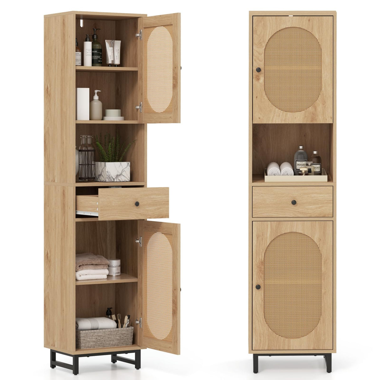 Giantex 67" Tall Bathroom Cabinet, PE Rattan Storage Cabinet with 2 Doors, Open Compartment & Drawer, Adjustable Shelves, Anti-toppling Device & Metal Legs, Floor Organizer for Living Room, Kitchen Giantex