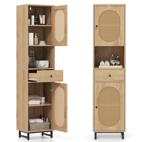 Giantex 67" Tall Bathroom Cabinet, PE Rattan Storage Cabinet with 2 Doors, Open Compartment & Drawer, Adjustable Shelves, Anti-toppling Device & Metal Legs, Floor Organizer for Living Room, Kitchen Giantex