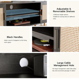 ZttRiee TV Stand for TVs up to 65'', Entertainment Center with Rattan Door, Shelves & 2 Cabinets, Boho Media TV Console for Living Room, Bedroom, Black ZttRiee