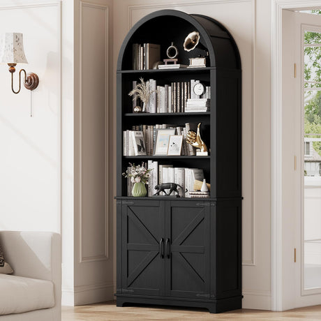 Vividwood 6-Tier Farmhouse Arched Bookshelf Bookcase with Doors, 70" Tall Storage Cabinet and Display Shelves, Open Shelves for Living Room or Office, Black Vividwood