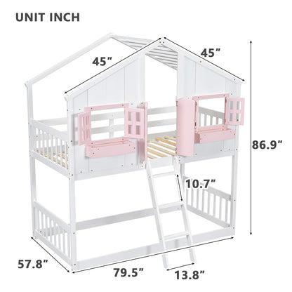 PVWIIK Twin Over Twin House Bunk Beds with Window Door & Roof, Solid Wood Playhouse Bunk Bed w/Window Box & Ladder,No Box Spring Needed & Space Saving for Boys and Girls, Pink/White