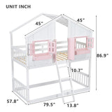 DNChuan Floor House Bunk Bed with Roof and Window,Built-in Storage Box,Wooden Guardrails with Door/Ladder,Low Bunker Bed Twin Over Twin for Kids Girls Boys,Pink/White DNChuan