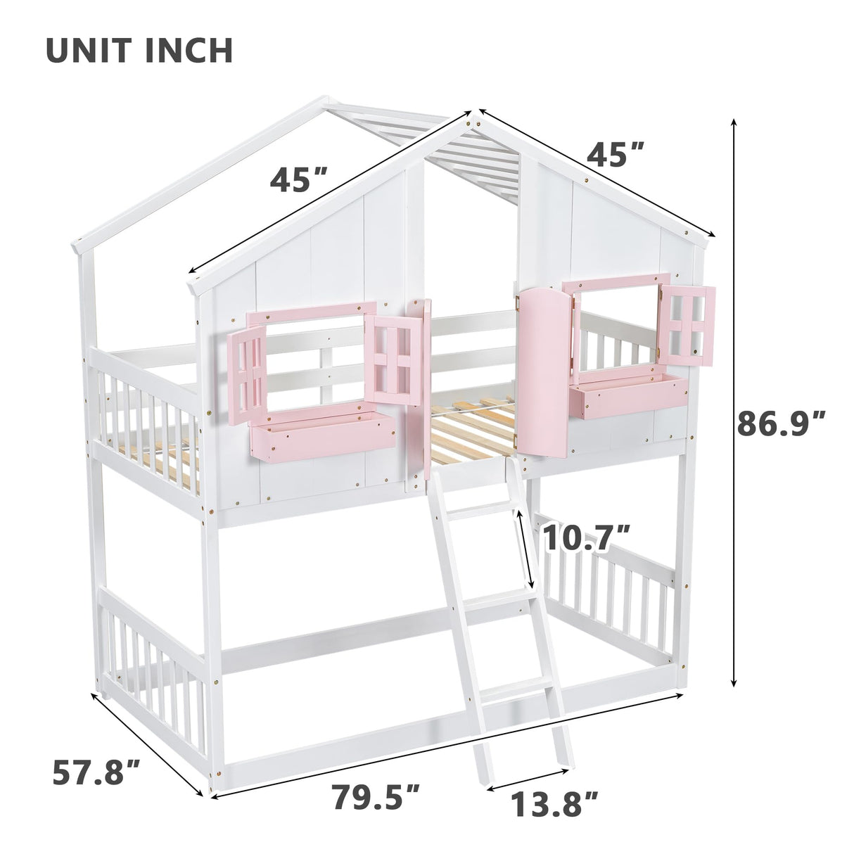 Bellemave Twin Over Twin House Bunk Bed, Wood Bunk Beds with Roof, Windows, Window Box and Small Door, Floor Bunk Beds with Ladder and Guard Rails for Kids (Pink+White) Bellemave