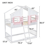 Bellemave Twin Over Twin House Bunk Bed, Wood Bunk Beds with Roof, Windows, Window Box and Small Door, Floor Bunk Beds with Ladder and Guard Rails for Kids (Pink+White) Bellemave