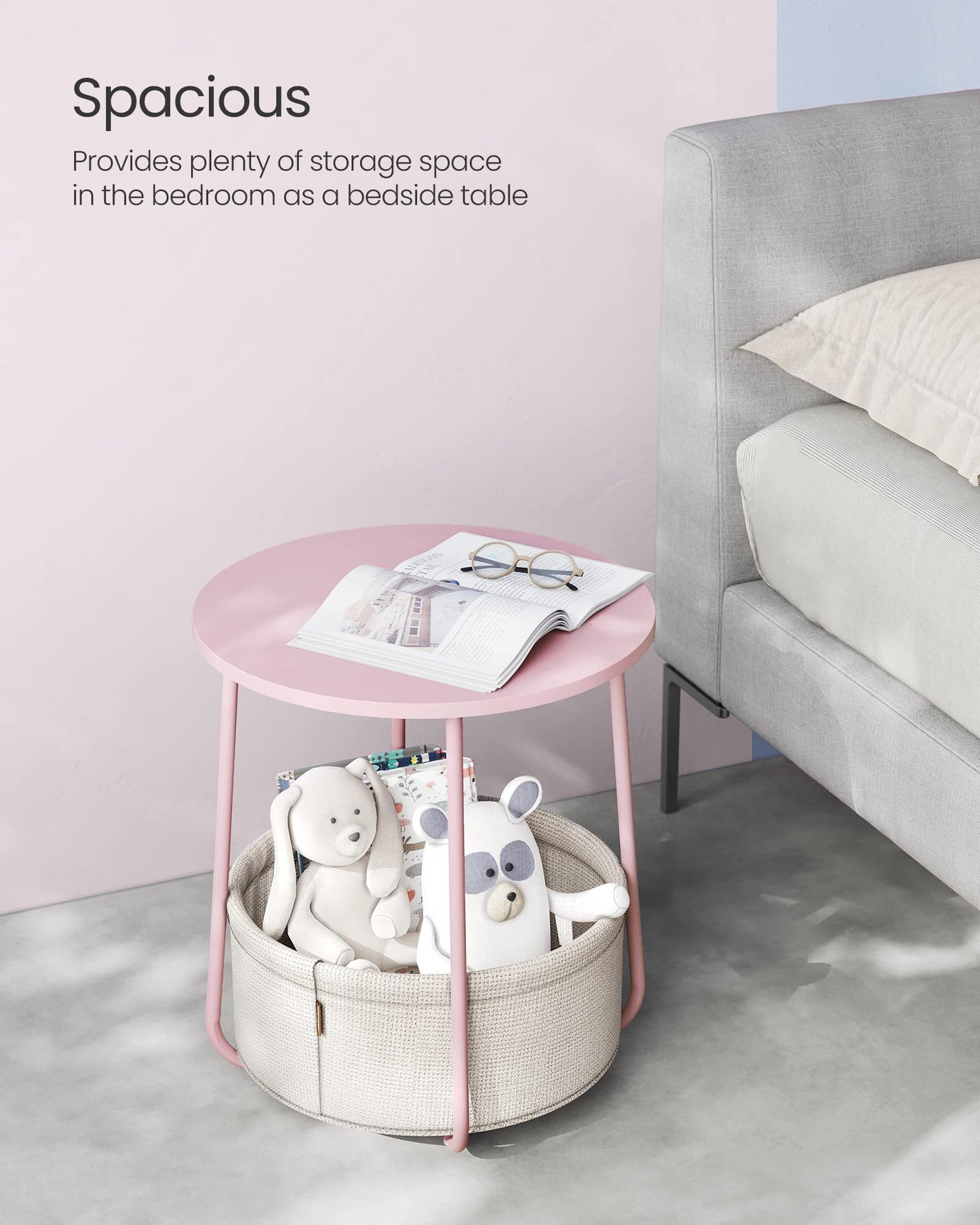 VASAGLE End Table, Small Bedside Table with Fabric Basket, Modern Nightstand, Round Side Table, for Living Room, Bedroom, Jelly Pink and Cream White ULET223R61