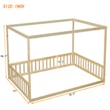 Full-Size Natural Canopy Bed Frame with Guardrails for Kids – Montessori Floor Bed Design Bellemave