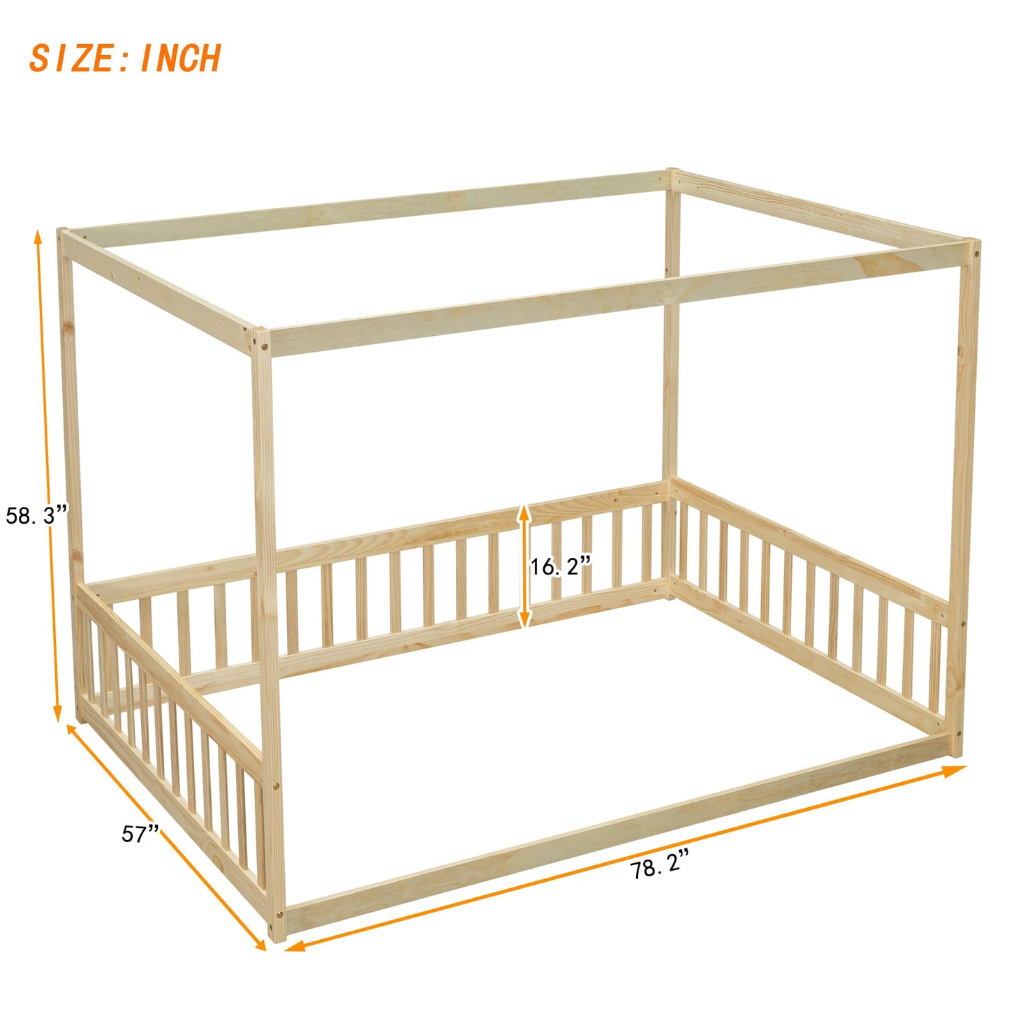 PVWIIK Full Size Canopy Frame Floor Bed with Fence for Girls & Boys,Montessori Floor Bed w/Safety Guardrails for Girls,Boys,No Box Spring Needed, Natural