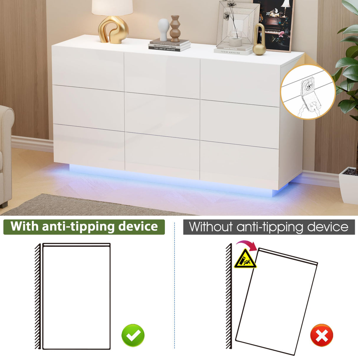 Anbuy LED 9 Drawer Dresser, White Modern Dressers with High Gloss Drawers Dual Chest of Drawers Dresser with Lights for Bedroom (White) Anbuy