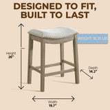 ROME + OAK Set of 2 Parker 26" Counter Stool, Backless Saddle Kitchen Barstool in Reclaimed Oak Finish with Ash Grey Fabric Upholstery Cushion Seat ROME + OAK