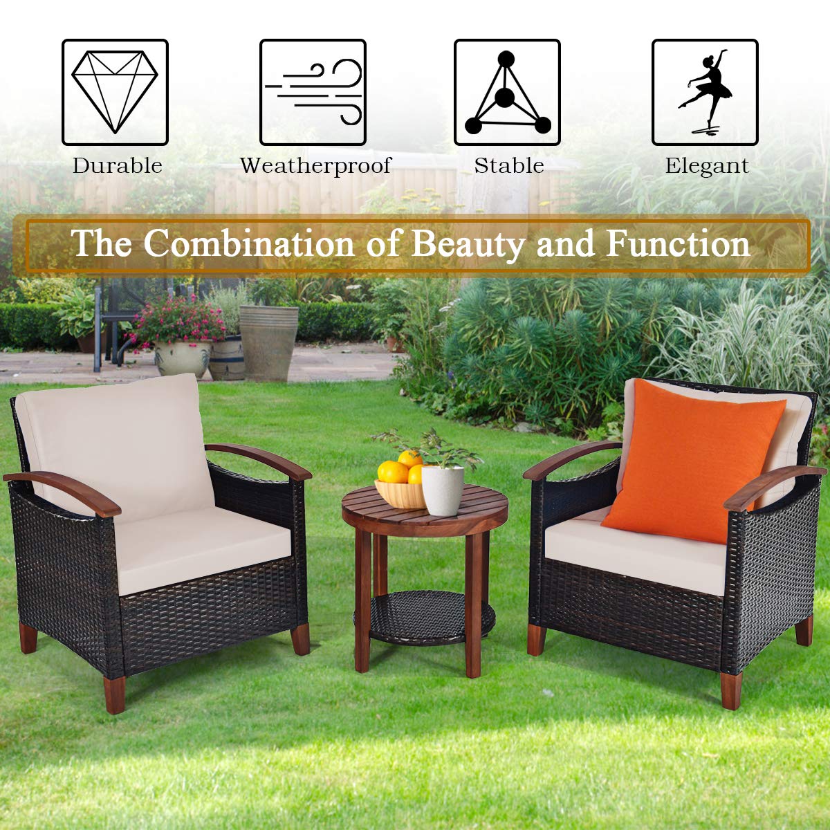 Tangkula 3 Pieces Patio Furniture Set, Outdoor Rattan Sofa and Side Table w/Solid Acacia Wood Frame, High Load Bearing Conversation Bistro Set w/Washable and Removable Cushions (Beige)