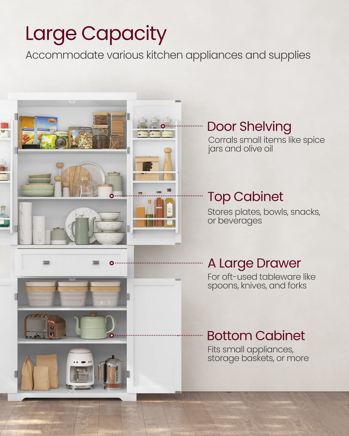 VASAGLE Kitchen Pantry Storage Cabinet - 71.9 Inch Tall Freestanding Cupboard with 1 Large Drawer, 6 Hanging Shelves for Dining Room, Living Room, VASAGLE