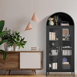 TrailBlaze 73" Tall Arched Storage Cabinet, Arched Metal Display Cabinet with Glass Doors, 2 Adjustable Shelves, Modern Farmhouse Bookcase, Versatile Pantry Cabinets for Living/Dinning Room, Black TrailBlaze