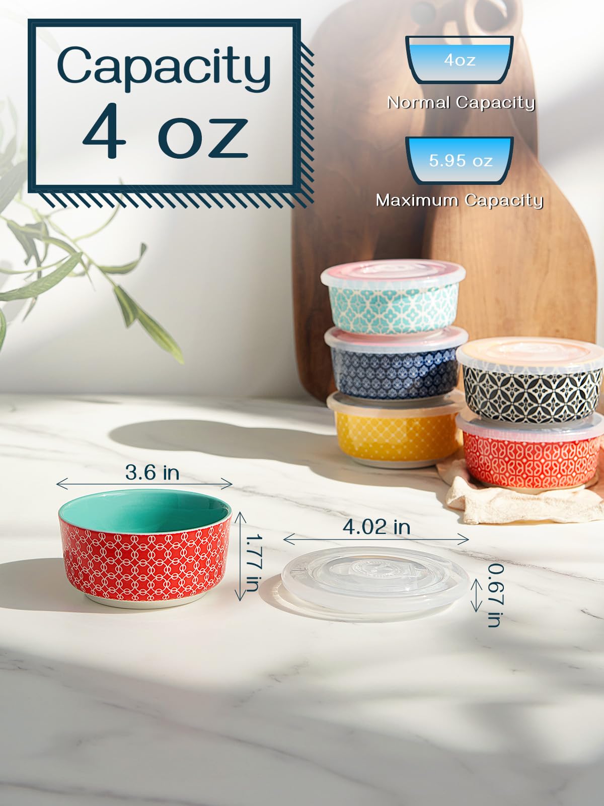 DOWAN Ramekins with Lids 4 oz Oven Safe for Creme Brulee Souffle, Ceramic Custard Cups for Baking, Mini Bowls for Pudding Dip Ice Cream, Set of 6, Vibrant Colors DOWAN