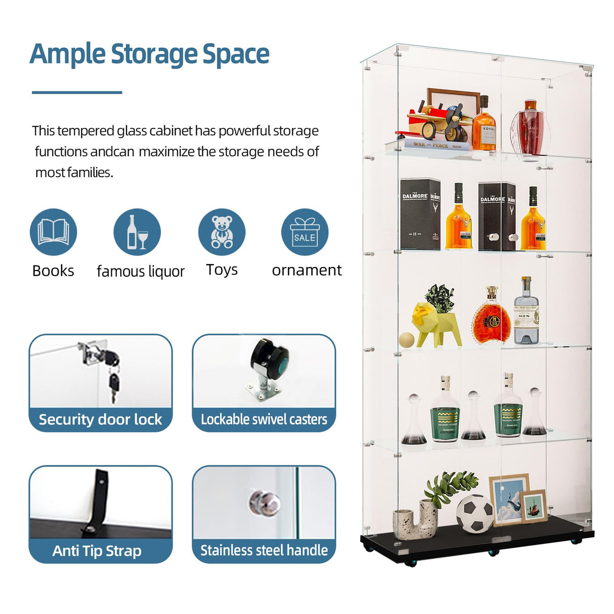 74.61" Tall Glass Display Cabinet with LED Lights&Rolling Wheels, Curio Glass Cabinet with 5 Shelves with 2 Door, Quick-Install Style Floor Standing Bookshelf File Cabinet for Home Office Kootlena