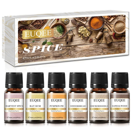 EUQEE 6PCS Spice Fragrance Oil Set-Scented Oils for Candle Making, Diffusers Aromatherapy Fragrance Oils for Diffuser & DIY Candles-Sandalwood, Harvest Spice, Bay Rum, Snickerdoodle EUQEE