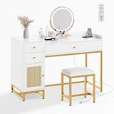 AWQM White Makeup Vanity Desk with Stools,Rattan Vanity Table Set with Power Outlet,Makeup Table Dressing Table with Drawers & Cabinet, Small Vanity Table for Bedroom with Storage,Without Mirror AWQM
