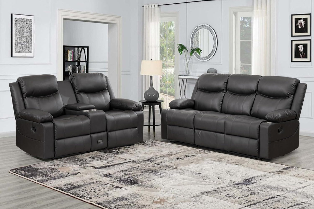 CALIVIA Manual Reclining Sofa Set, Double Recliner Loveseat and 3-Seater Sofa for Living Room, Faux Leather Upholstery with Sturdy Frame & Soft Cushions (Grey) CALIVIA