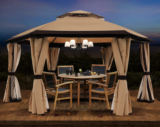 10'x10' Gazebos for Patios Outdoor Hexagonal Gazebo with Netting and Privacy Curtains by ABCCANOPY Beige