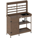 Outsunny Outdoor Wooden Potting Bench Table with Sink and Water Tap, Garden Workstation with Storage Cabinet, Storage Shelves for Backyard, Patio, Balcony, Dark Brown Outsunny