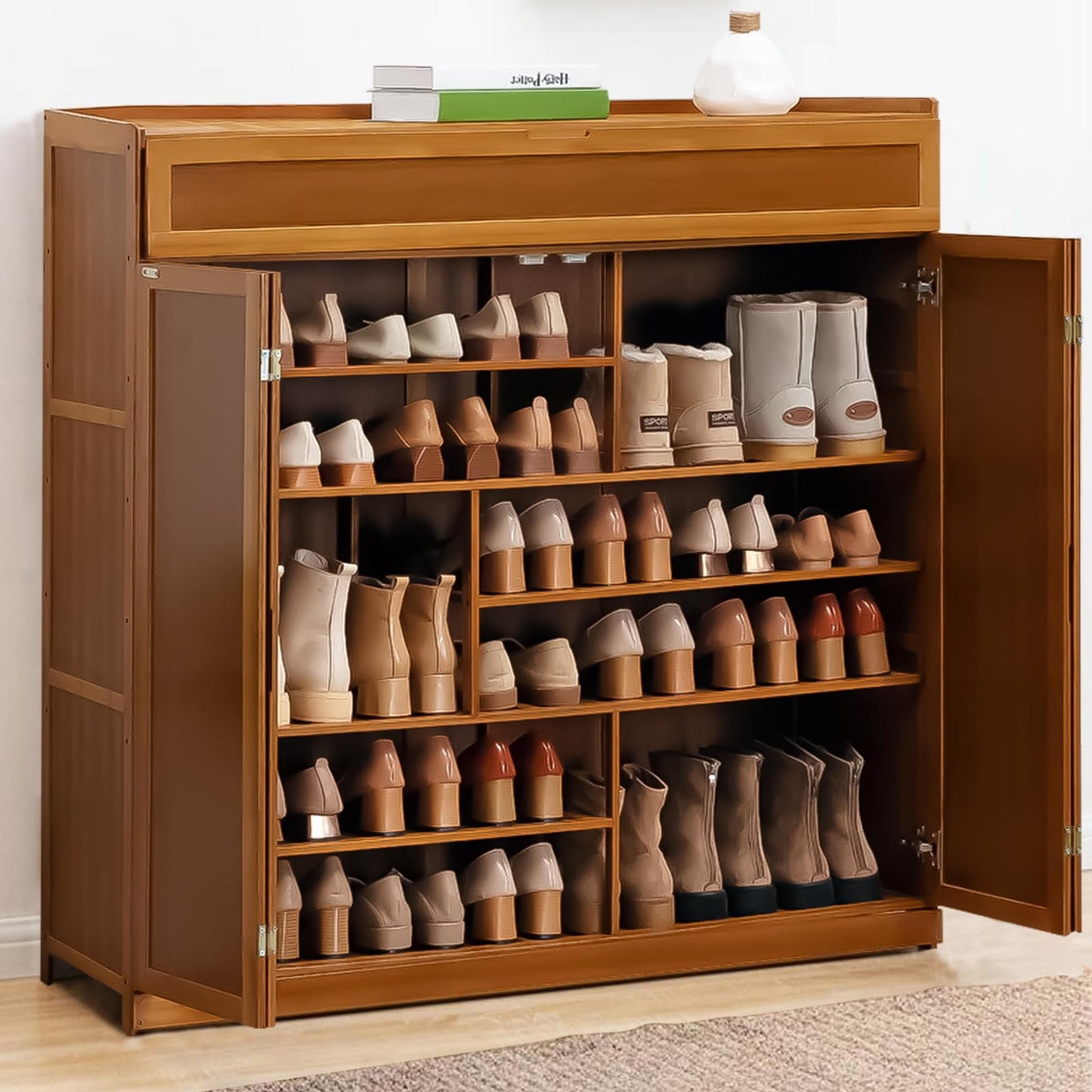 ADOREMHY Bamboo Shoe Storage Cabinet with Flip Door, 7 Tier Freestanding Shoes Heels Sneakers Shoe Rack Shelf for 36-40 Pairs, Entryway Shoe Cabinet with 2 Folding Doors for Hallway Living Room