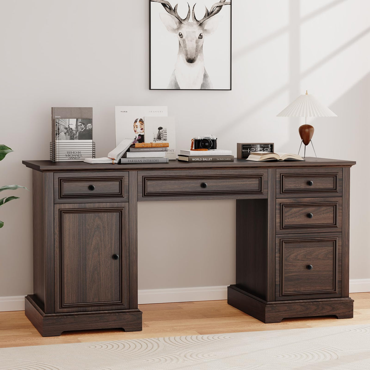 Vipbear 60" Farmhouse Executive Office Desk with Drawers and File Cabinet, Embossed Texture Wood Home Office Desk, Rustic Computer Desk, Workspace for Work Study Writing, Dark Brown Vipbear