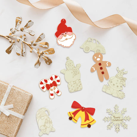 Wooden Christmas Ornaments, 176 PCS Unfinished Predrilled Wood Ornaments Set with 72 Blank Wood Slices in 9 Styles, 90 Bells and 12 Color Pens for Kids DIY Crafts and Christmas Hanging Decoration, A Pehciroe